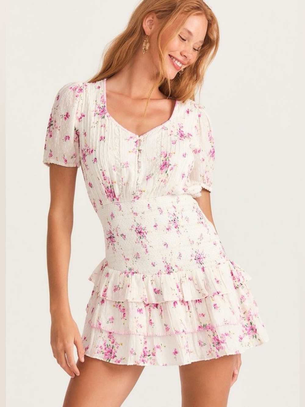 LoveShackFancy || Keelin Smocked Mini Dress Floral Magenta Light Cream Pink M